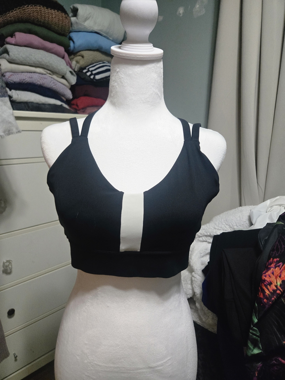oiselle Black Sports Bra with Cream Center Stripe